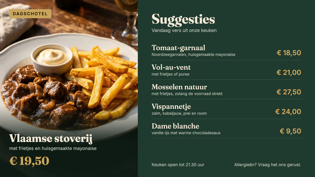 Menu numérique avec le plat du jour et les suggestions d'aujourd'hui