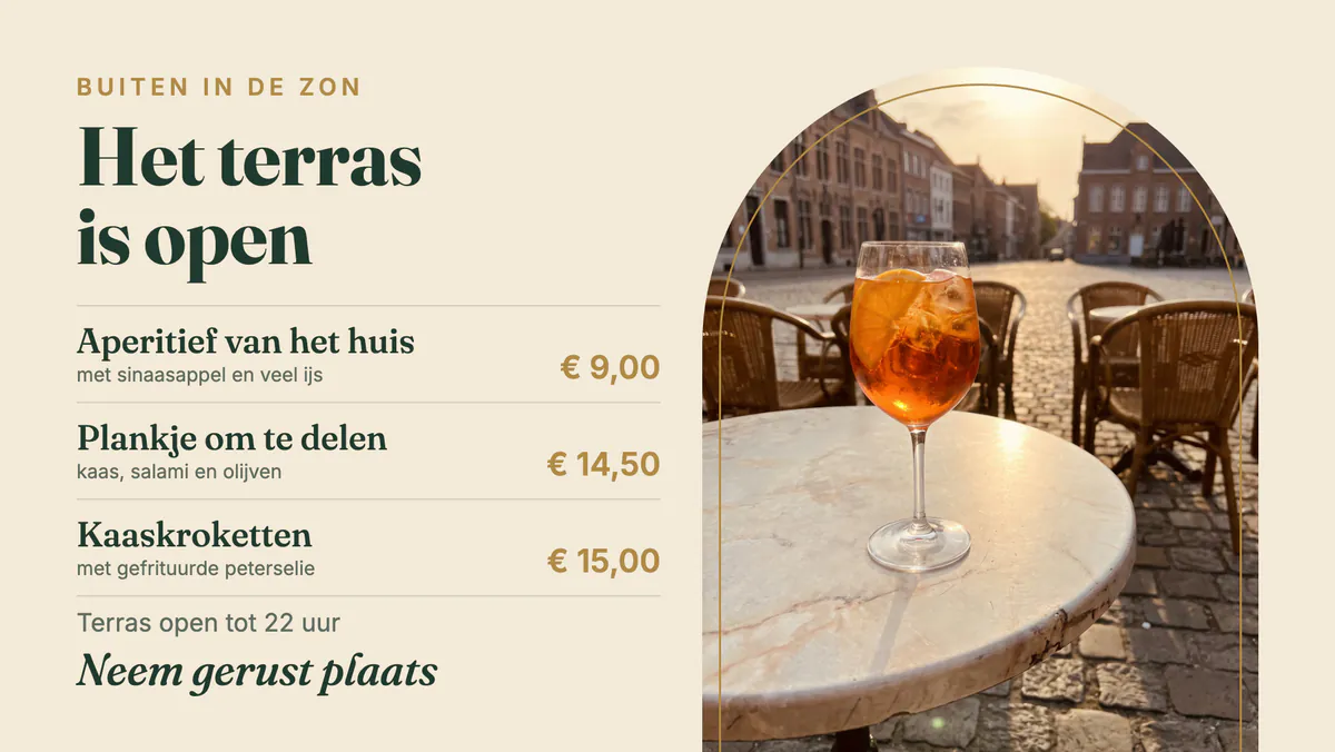 Écran qui annonce que la terrasse est ouverte, avec trois suggestions et leur prix et un verre d'apéritif sur une table de terrasse au soleil