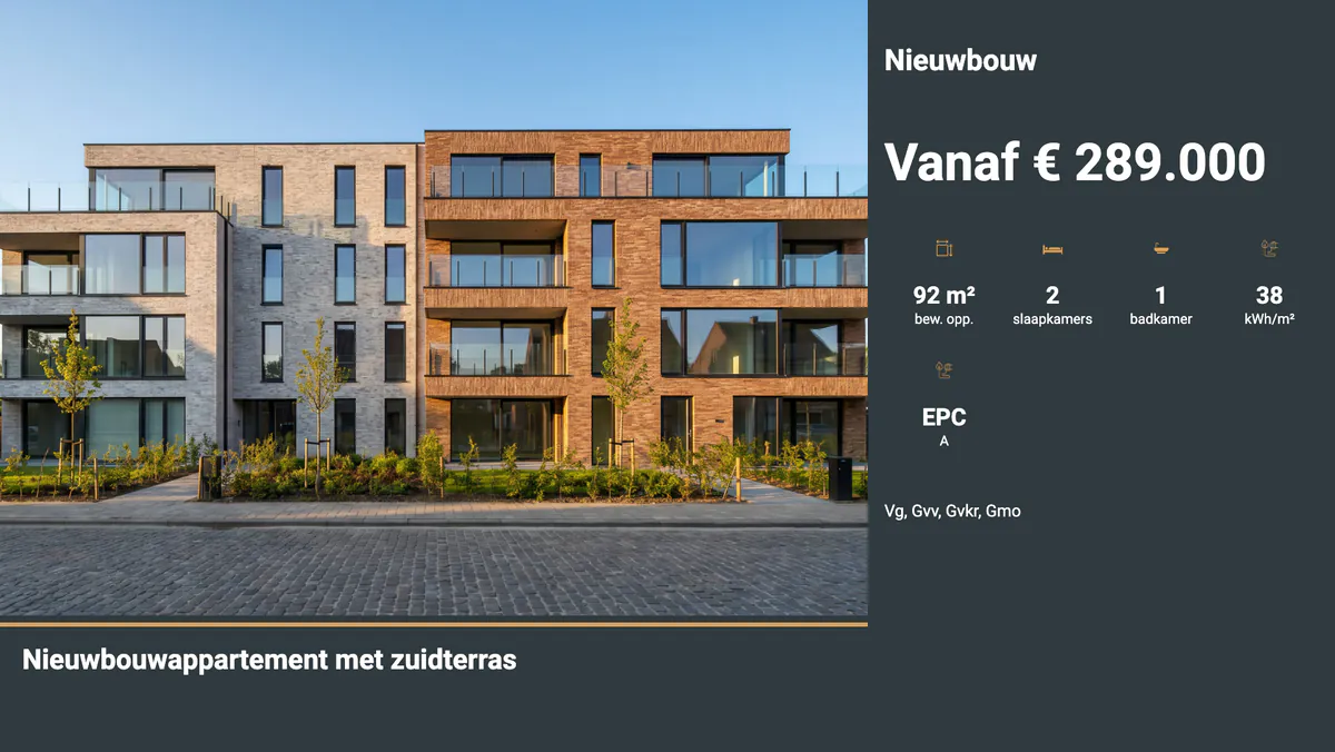 Example screen with a new-build flat with a south-facing terrace from 289,000 euros: two bedrooms, 92 m² floor area, EPC label A