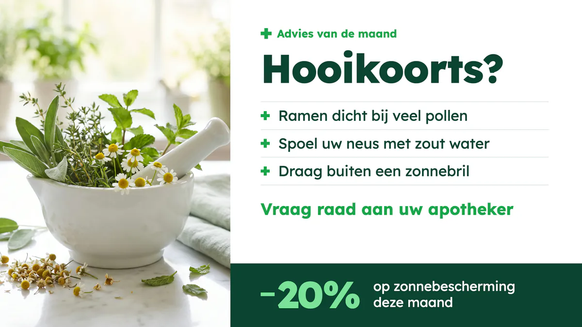 Screen with the advice of the month about hay fever, three tips and 20% off sun protection