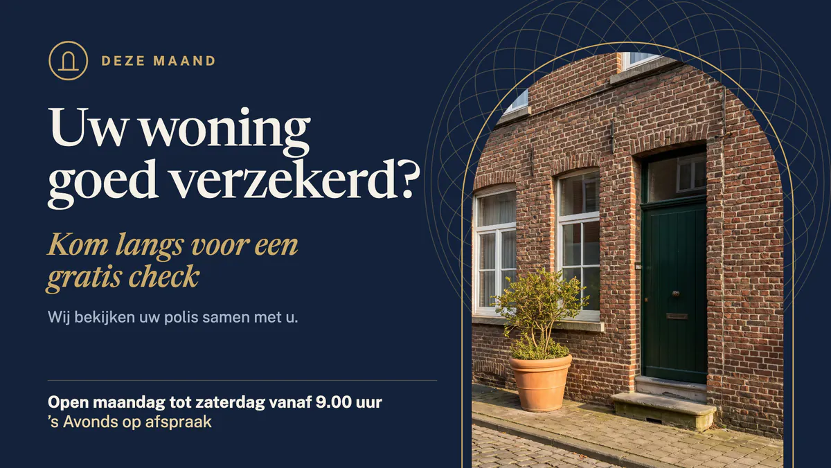Screen with the campaign 'Is your home properly insured?', an invitation to a free check and a photo of a brick terraced house
