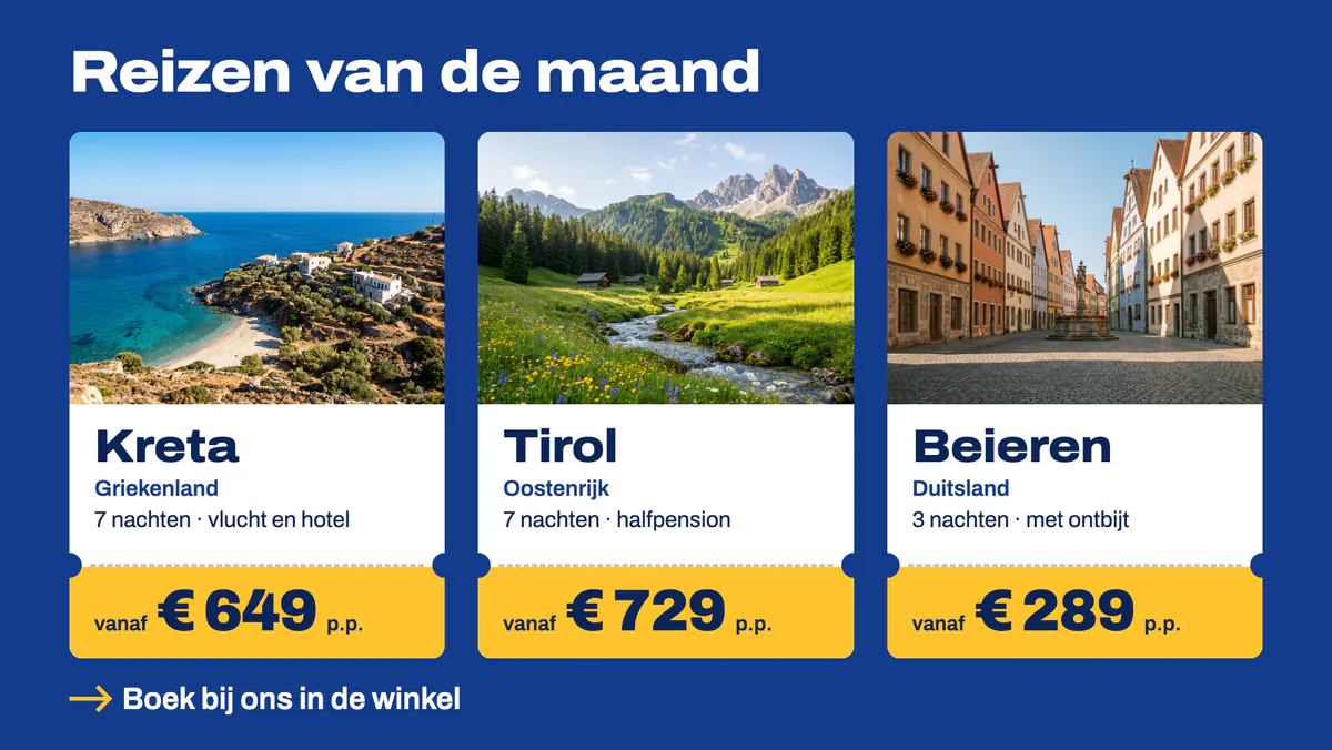 Scherm van een reisbureau met drie reizen van de maand, elk met een foto en een prijs per persoon