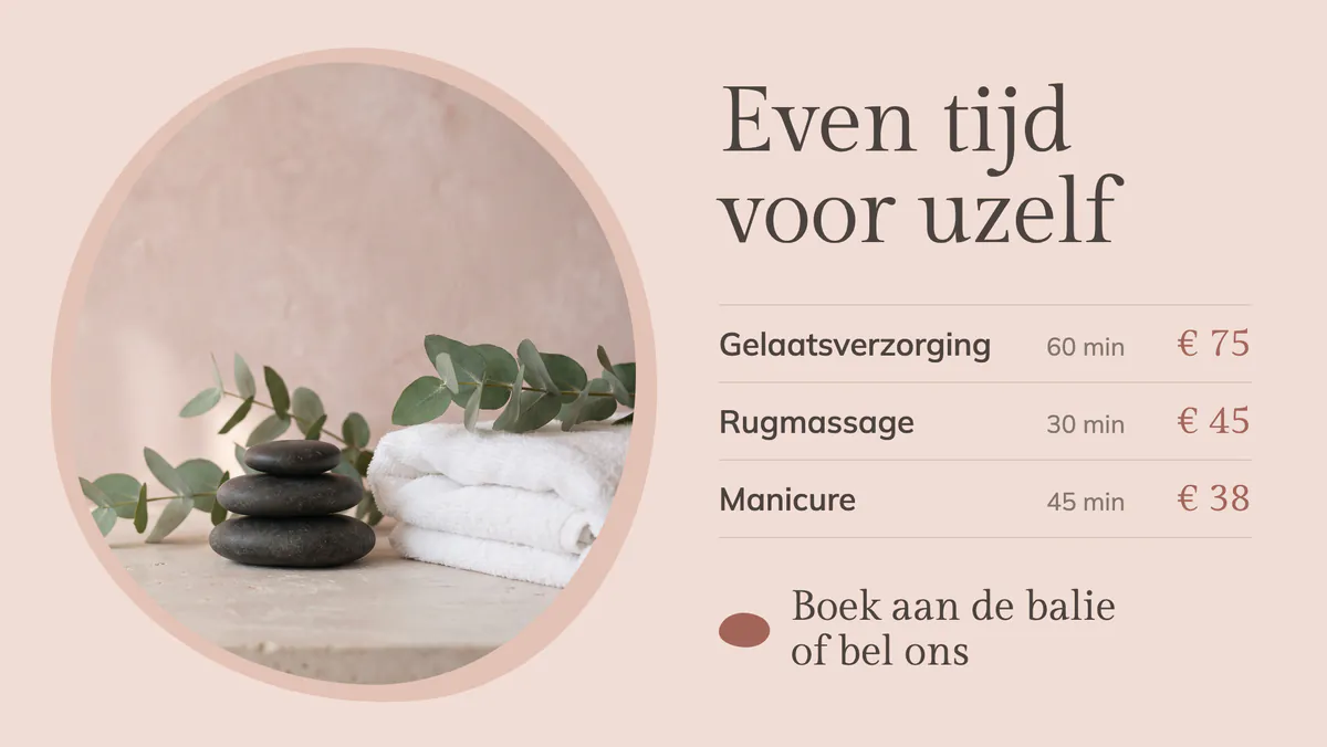 Scherm van een schoonheidssalon met warme stenen, handdoeken en eucalyptus, en drie behandelingen met hun duur en prijs, een gelaatsverzorging, een rugmassage en een manicure