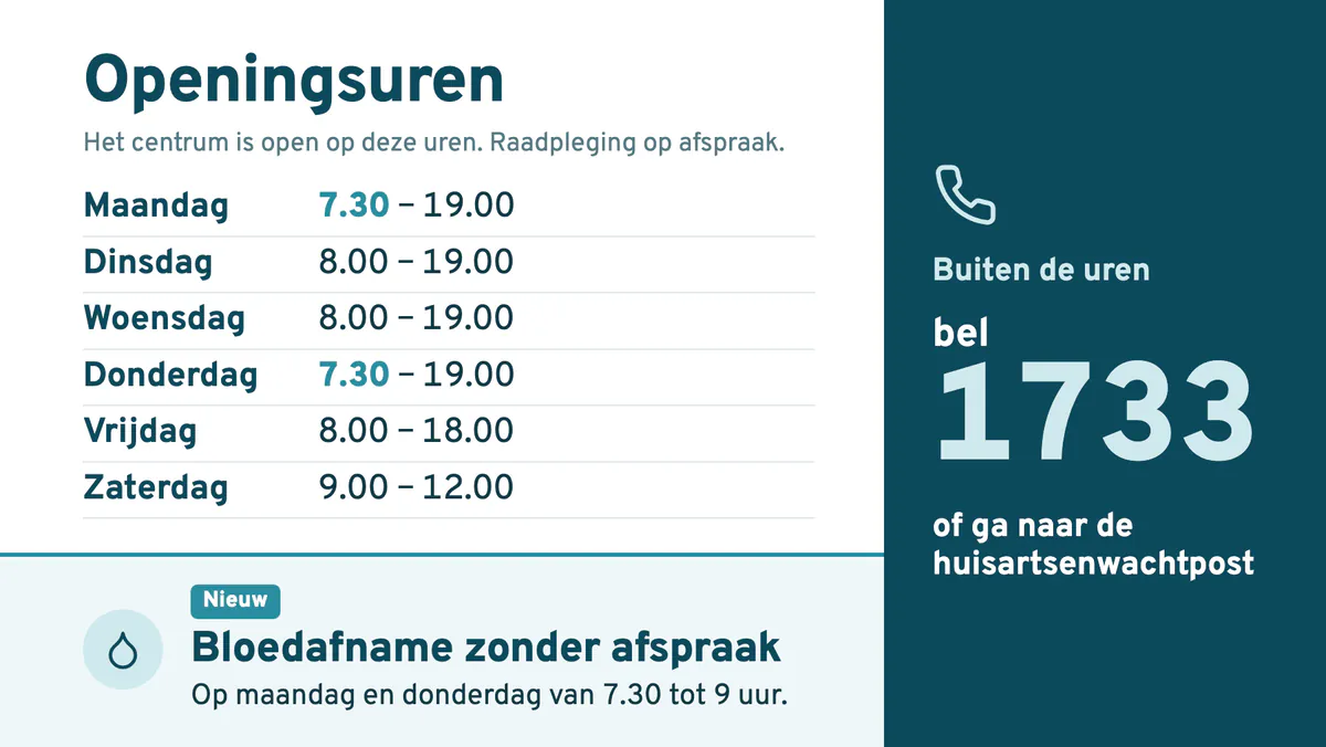 Scherm met de openingsuren van het centrum van maandag tot zaterdag, het nieuws over bloedafname zonder afspraak op maandag en donderdag van 7.30 tot 9 uur, en buiten de uren bel 1733 of ga naar de huisartsenwachtpost