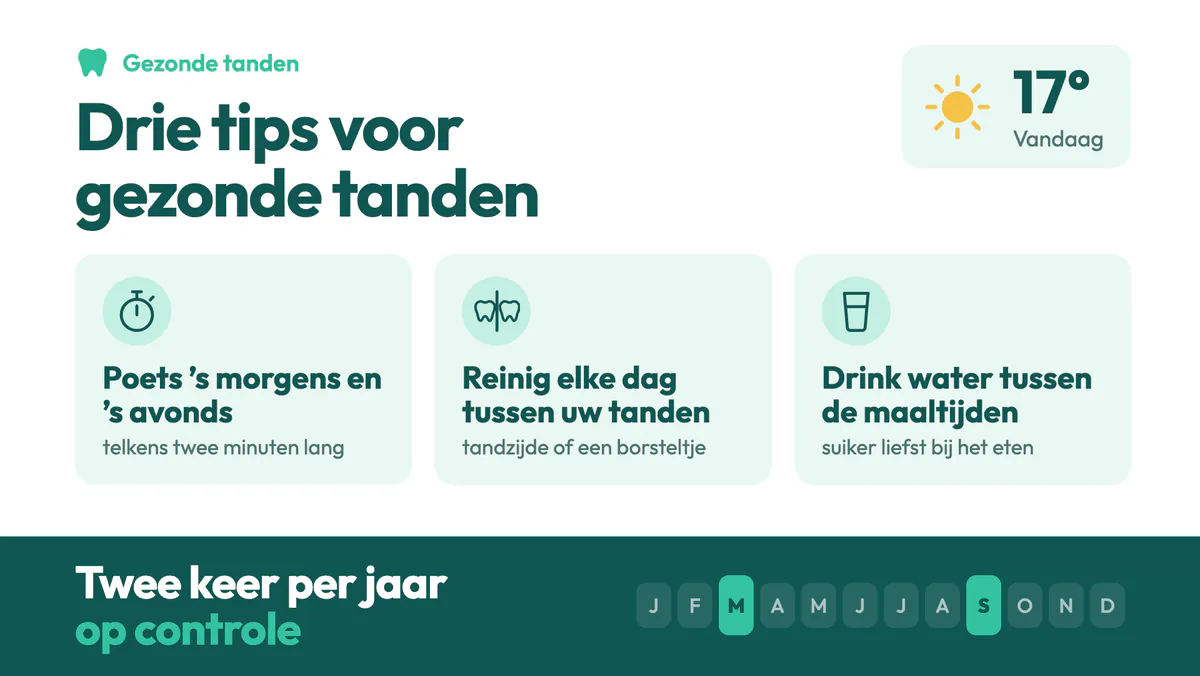 Scherm van een tandartspraktijk met drie tips voor gezonde tanden en de oproep om twee keer per jaar op controle te komen
