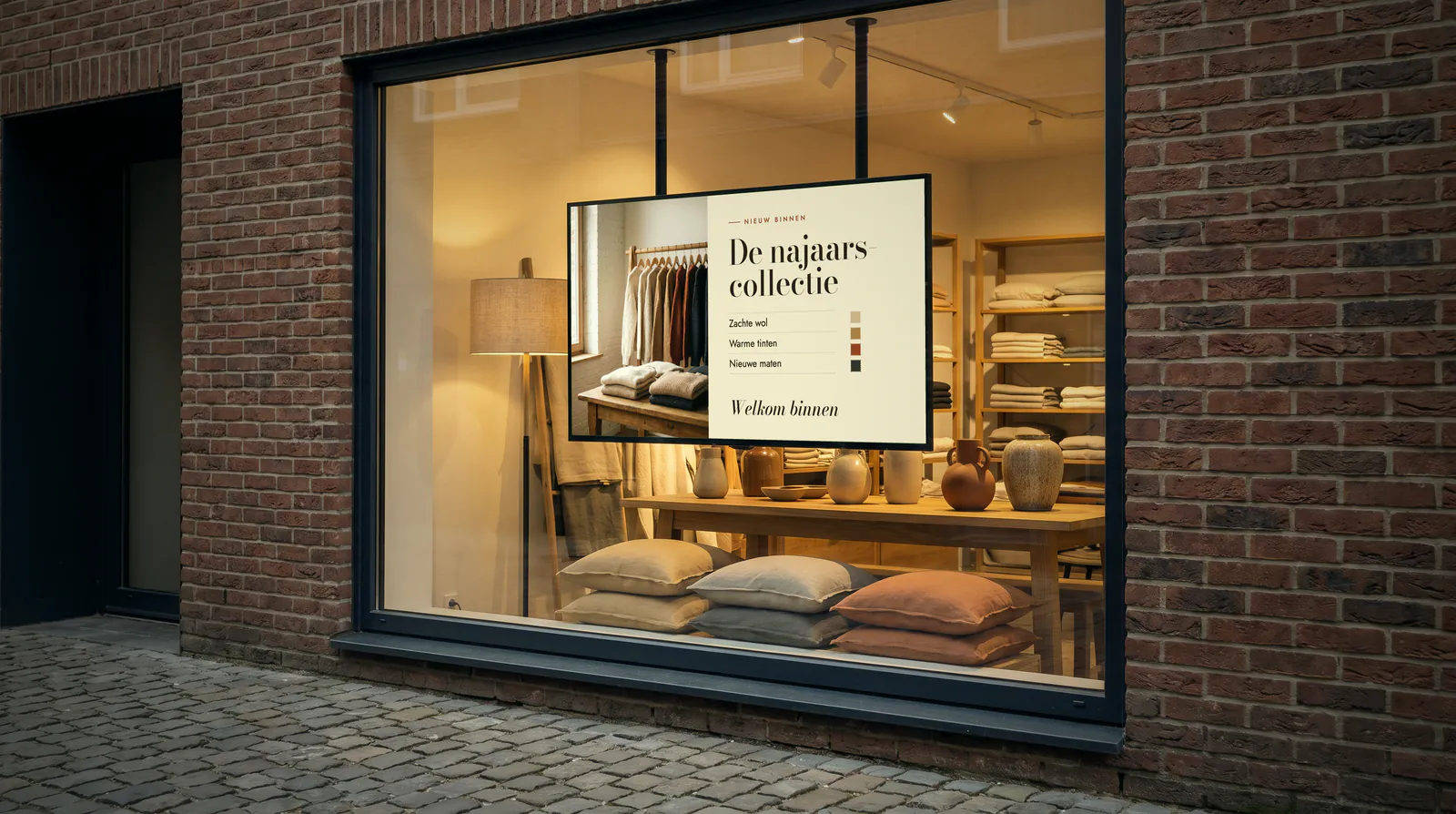 Vitrine d'un magasin de décoration vue depuis la rue, avec un écran accroché derrière la vitre