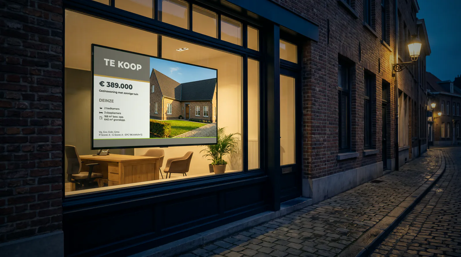 Shop window of an estate agency at dusk, with a screen showing a house for sale