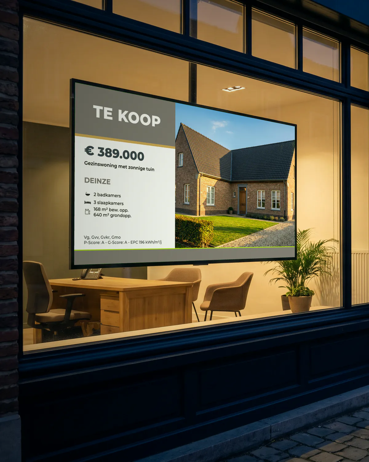Vitrine d'une agence immobilière à la tombée du jour, avec une maison à vendre à l'écran