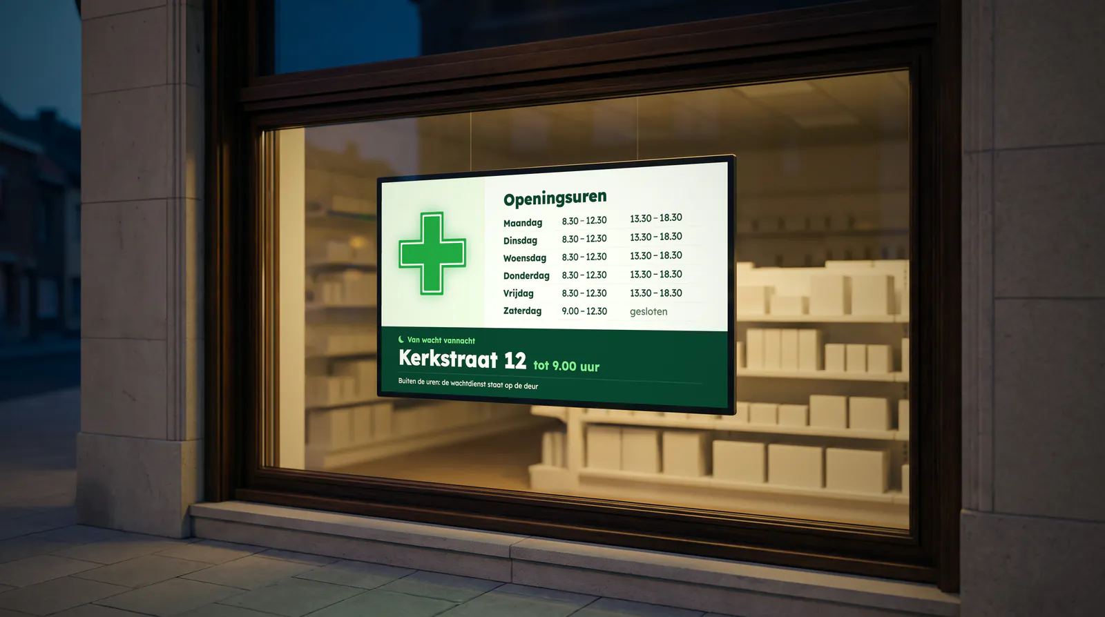 Window of a pharmacy at dusk, with a screen showing the opening hours and the pharmacy on duty