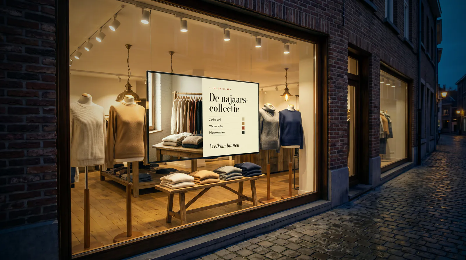 Verlichte etalage van een kledingwinkel in een straat met kasseien, met een scherm tussen de etalagepoppen