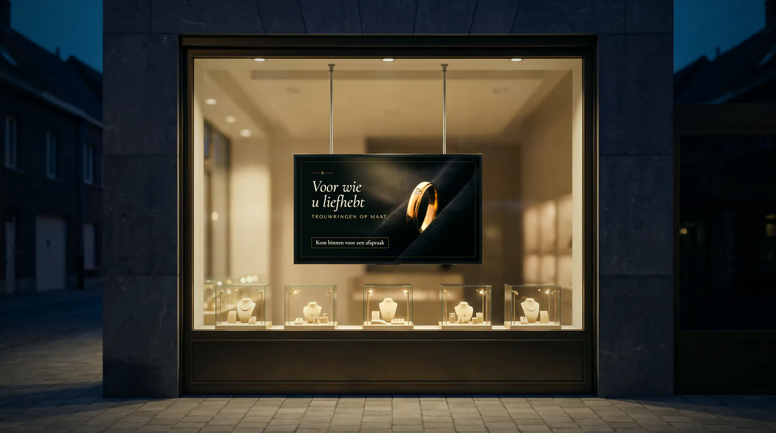 Vitrine d'une bijouterie à la tombée du jour, avec un écran suspendu librement dans la vitrine par deux tiges fixées au plafond, au-dessus de présentoirs avec des colliers