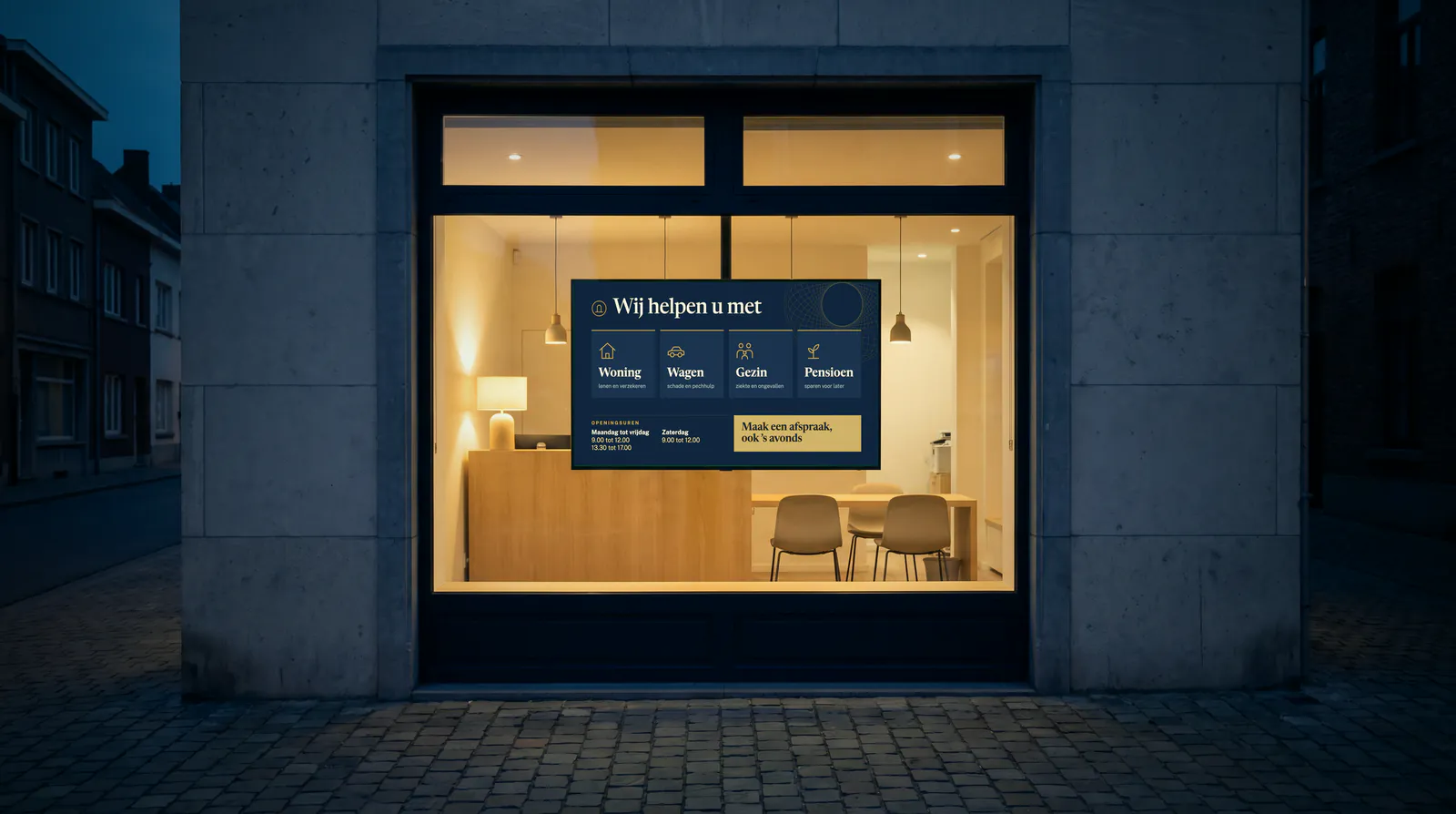 Window of an insurance office at dusk, with a screen showing four services and the opening hours