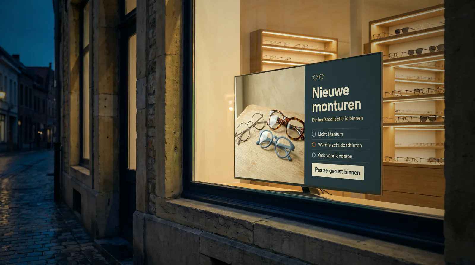 Vitrine d'un opticien à la tombée du jour, avec un écran sur pied devant des étagères éclairées remplies de lunettes
