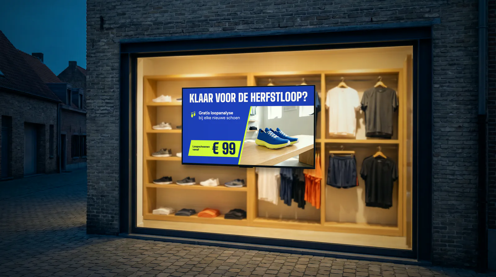 Etalage van een sportwinkel in een bakstenen gevel bij valavond, met een scherm voor rekken met loopschoenen en sportkleding