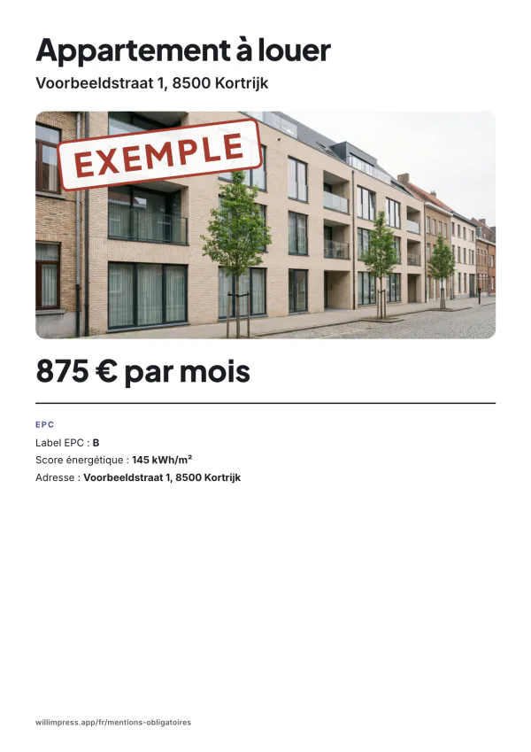 Exemple d'affiche : Appartement à louer, Voorbeeldstraat 1, 8500 Kortrijk