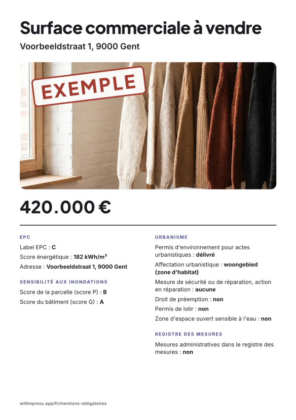 Exemple d'affiche : Surface commerciale à vendre, Voorbeeldstraat 1, 9000 Gent