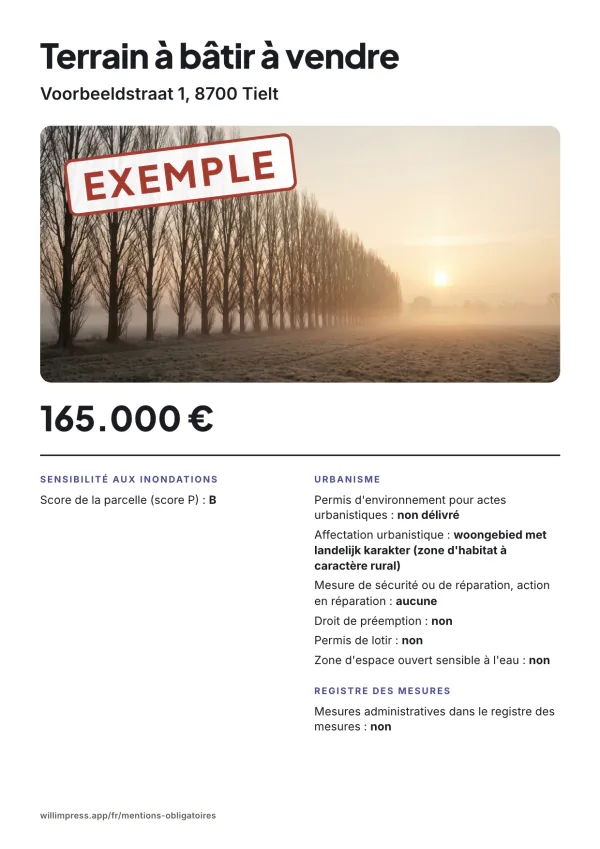 Exemple d'affiche : Terrain à bâtir à vendre, Voorbeeldstraat 1, 8700 Tielt
