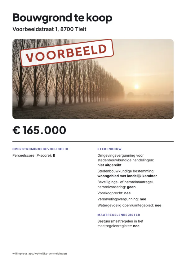 Voorbeeldaffiche: Bouwgrond te koop, Voorbeeldstraat 1, 8700 Tielt