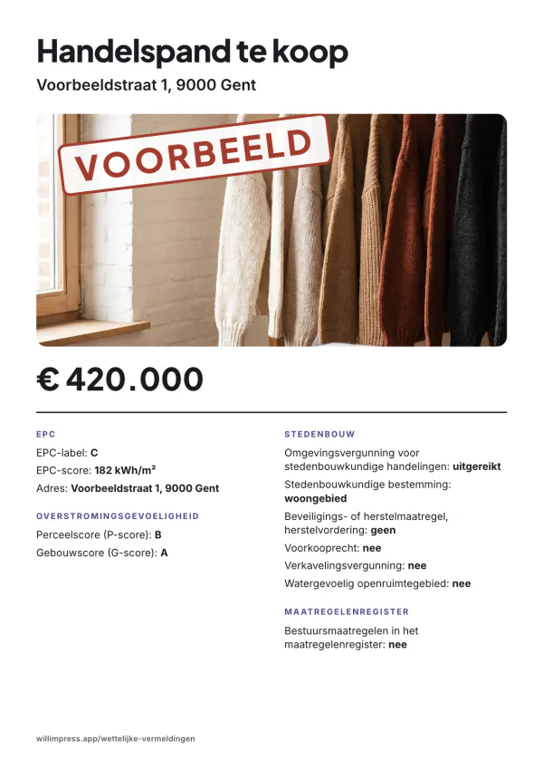 Voorbeeldaffiche: Handelspand te koop, Voorbeeldstraat 1, 9000 Gent