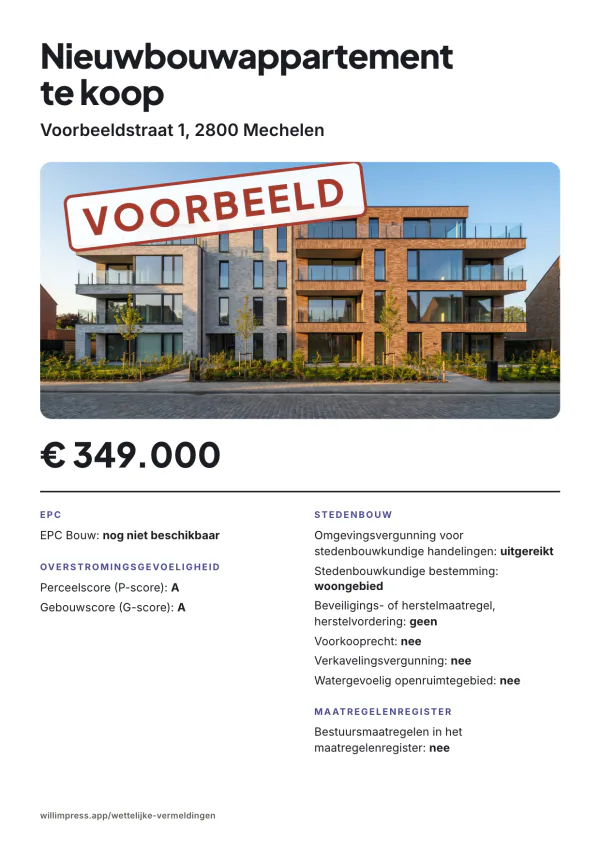 Voorbeeldaffiche: Nieuwbouw zonder EPC, Voorbeeldstraat 1, 2800 Mechelen